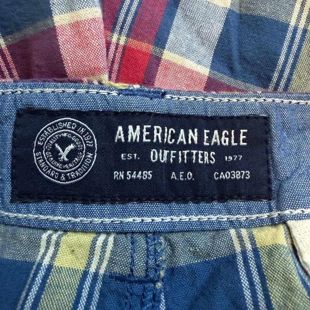 American Eagle Classic Plaid Shorts Mens 36 Red Blue Yellow Cotton Flat Front
